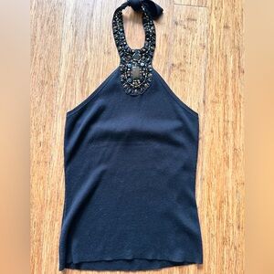 White House Black Market Beaded Halter Top Black Embellished Tank Size M